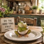 a picture depicting the saying, eat your frog early..a picture of a frog sat on a dinner plate and a sign behind it saying do the hard thing first