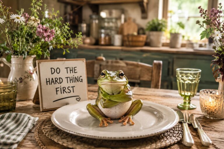 a picture depicting the saying, eat your frog early..a picture of a frog sat on a dinner plate and a sign behind it saying do the hard thing first