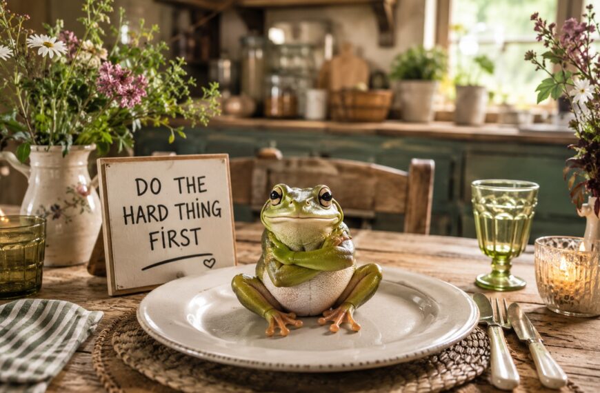 a picture depicting the saying, eat your frog early..a picture of a frog sat on a dinner plate and a sign behind it saying do the hard thing first