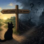 a picture of a black cat sat at a crossroads where there is a sign, one pointing to a bright, sunny place and the sign says "what I know", the other pointing to a dark, scary looking place, and the sign stating "the unknown"