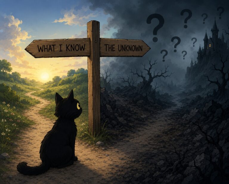 a picture of a black cat sat at a crossroads where there is a sign, one pointing to a bright, sunny place and the sign says "what I know", the other pointing to a dark, scary looking place, and the sign stating "the unknown"