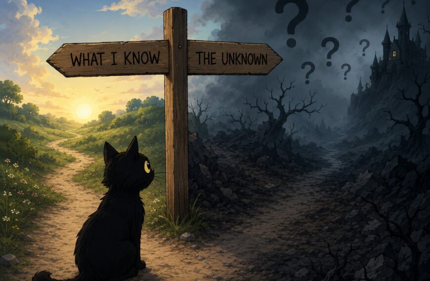 a picture of a black cat sat at a crossroads where there is a sign, one pointing to a bright, sunny place and the sign says "what I know", the other pointing to a dark, scary looking place, and the sign stating "the unknown"